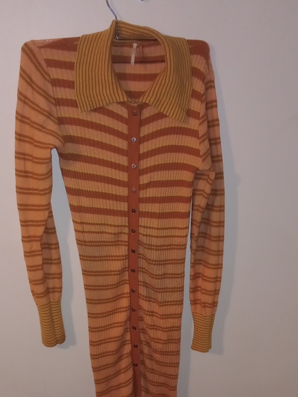 Free People Striped Long Button-Up Knit Sweater Dress - Pink & Rust